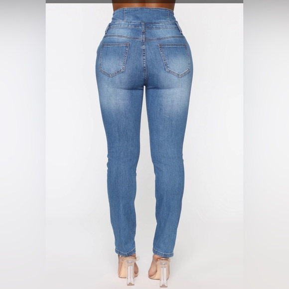 Fashion Nova. High Rise Sailor Double Button Skinny Jean. Medium Wash - Picture 5 of 6